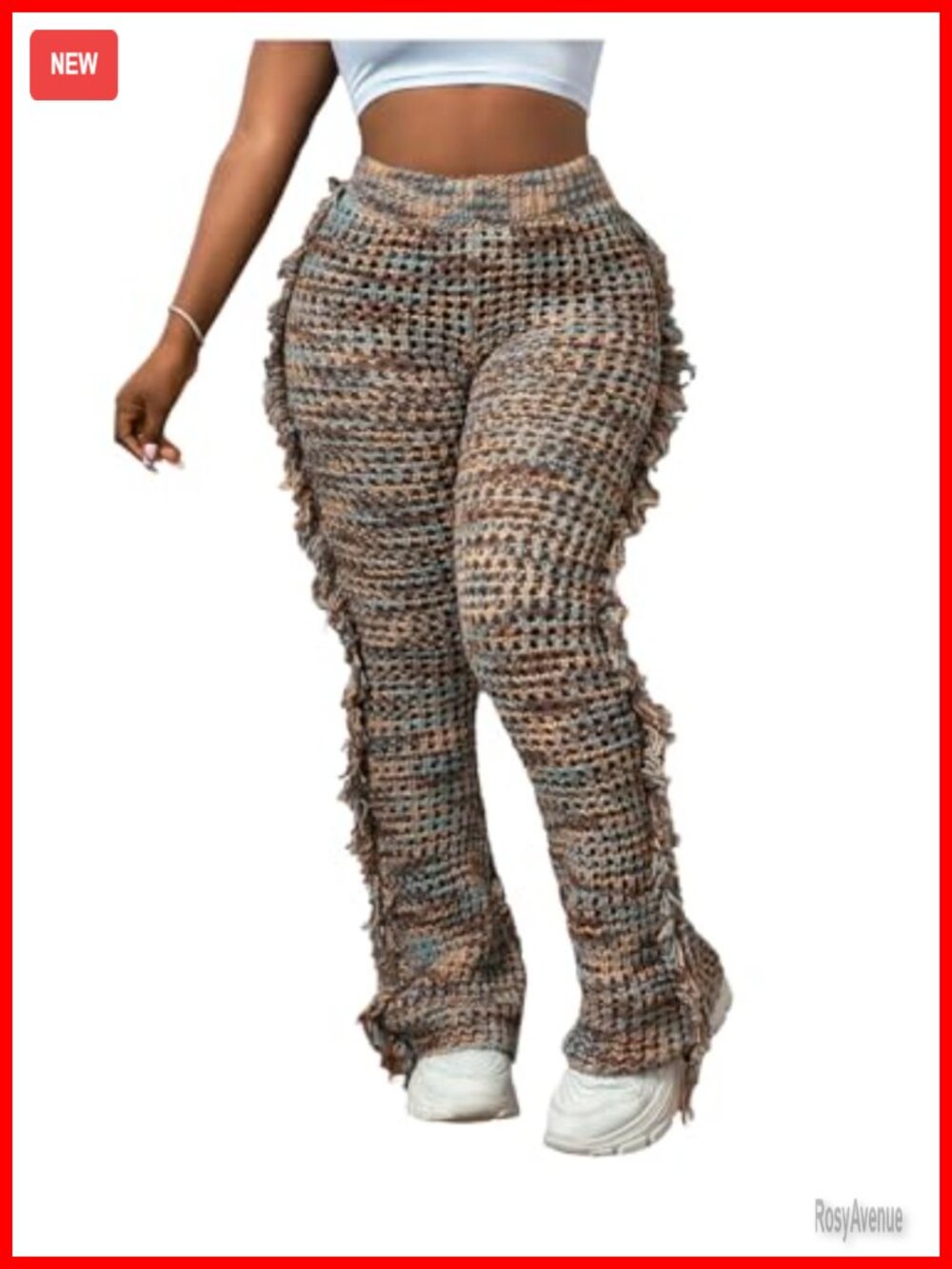 Boho Fringe Knit Flared Pants Elastic High Waist Bell Bottoms